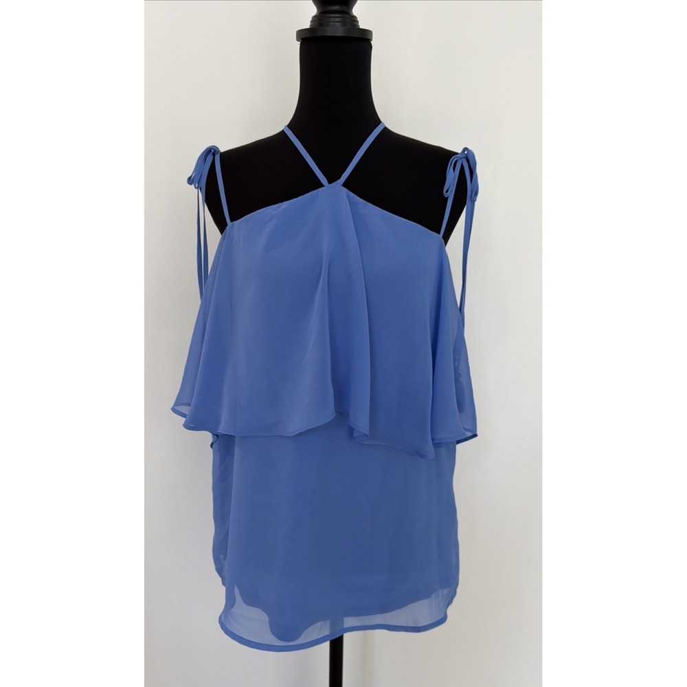 7th Avenue NY & Co Blue High Neck Strappy Chiffon Blouse Size M Lined Top NWT